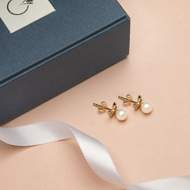 Freshwater Cultured White Pearl Drop Earrings In 14K Yellow Gold Round Shape 5Mm Pretty Bow Dangle Design E19272 complimentary gift box