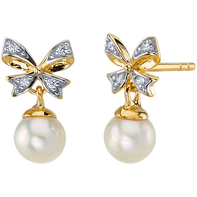 Freshwater Cultured 5mm White Pearl Pretty Bow Dangle Drop Earrings 14K Yellow Gold