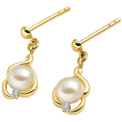 Freshwater Cultured White Pearl Drop Earrings In 14K Yellow Gold Round Button Shape 5Mm Dainty Dangle Design E19274 alternate view and angle