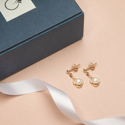 Freshwater Cultured White Pearl Drop Earrings In 14K Yellow Gold Round Button Shape 5Mm Dainty Dangle Design E19274 complimentary gift box