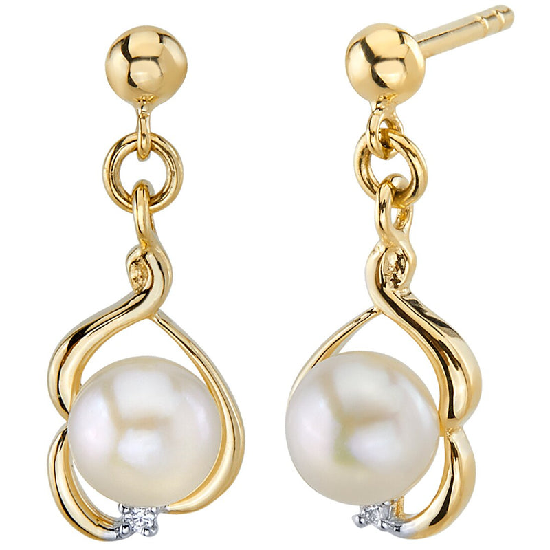 Freshwater Cultured 5mm White Pearl Dainty Dangle Drop Earrings 14K Yellow Gold