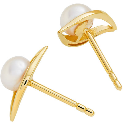 Freshwater Cultured White Pearl Stud Earrings In 14K Yellow Gold Round Button Shape 5Mm Open Leaf Halo Solitaire Design E19276 alternate view and angle