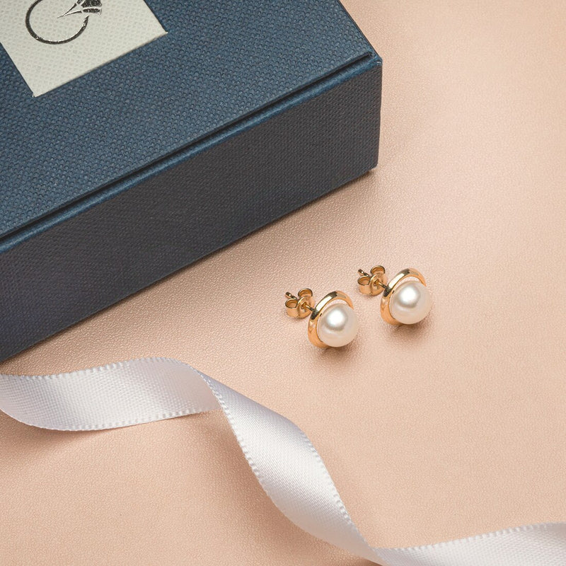 Freshwater Cultured White Pearl Stud Earrings In 14K Yellow Gold Round Button Shape 7Mm Swirl Solitaire E19278 complimentary gift box
