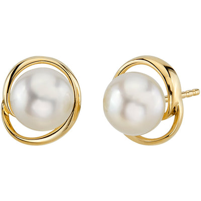 Freshwater Cultured White Pearl Stud Earrings in 14K Yellow Gold, Round Button Shape, 7mm Swirl Solitaire