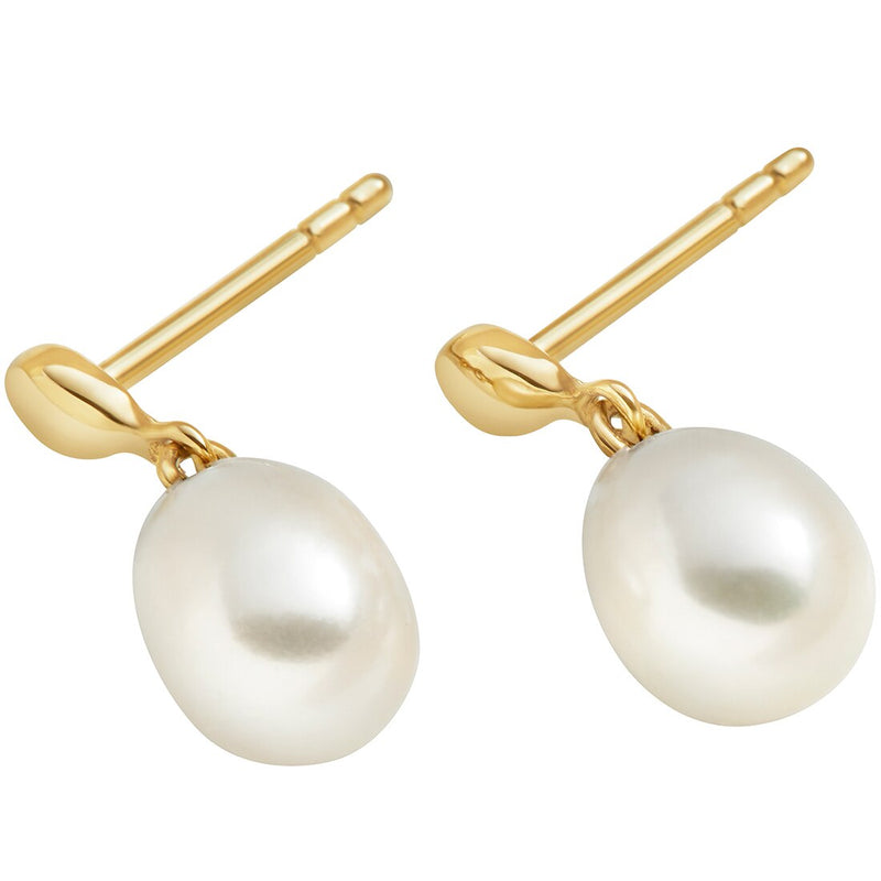 Freshwater Cultured White Pearl Drop Earrings In 14K Yellow Gold Baroque Pear Shape 8X6Mm Dainty Dangle Solitaire E19280 alternate view and angle