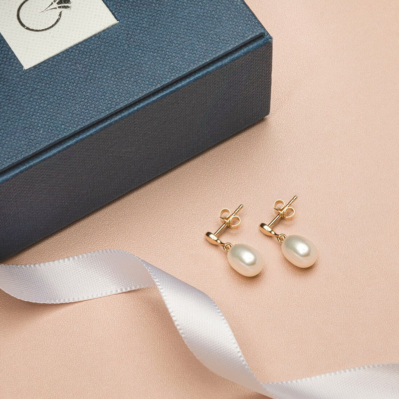 Freshwater Cultured White Pearl Drop Earrings In 14K Yellow Gold Baroque Pear Shape 8X6Mm Dainty Dangle Solitaire E19280 complimentary gift box