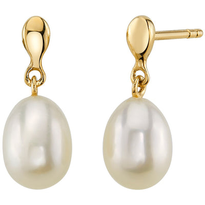 Freshwater Cultured White Pearl Drop Earrings in 14K Yellow Gold, Baroque Pear Shape, 8x6mm Dainty Dangle Solitaire