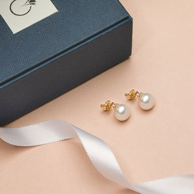 Freshwater Cultured White Pearl Stud Earrings In 14K Yellow Gold Round Button Shape 8Mm Heirloom Solitaire E19282 complimentary gift box
