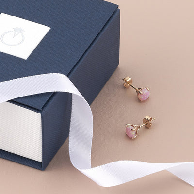 Created Pink Opal Stud Earrings In 14K Rose Gold Round Shape E19284 complimentary gift box