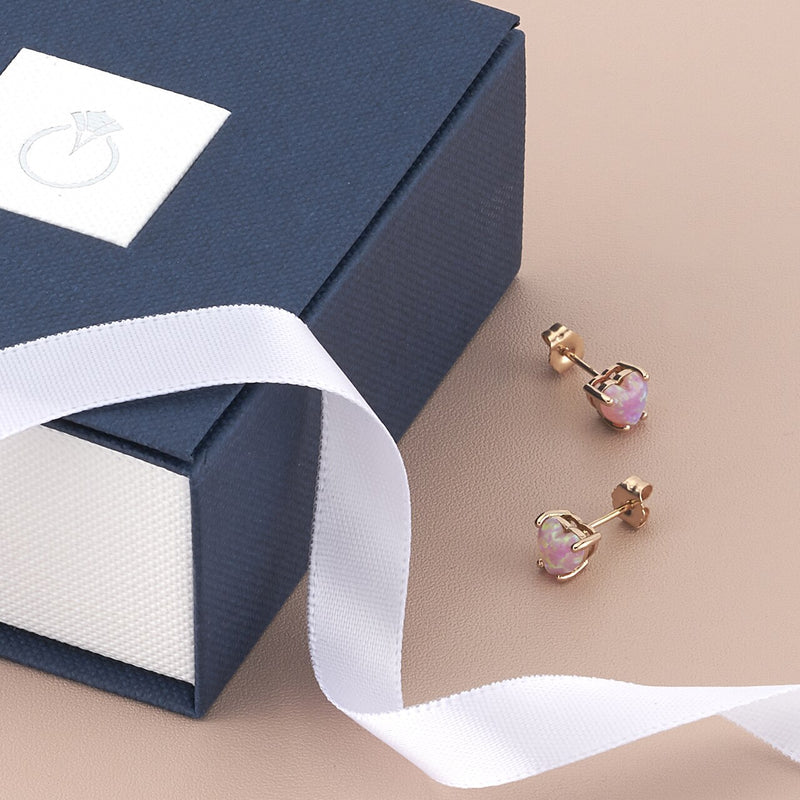 Created Pink Opal Stud Earrings In 14K Rose Gold Heart Shape E19286 complimentary gift box