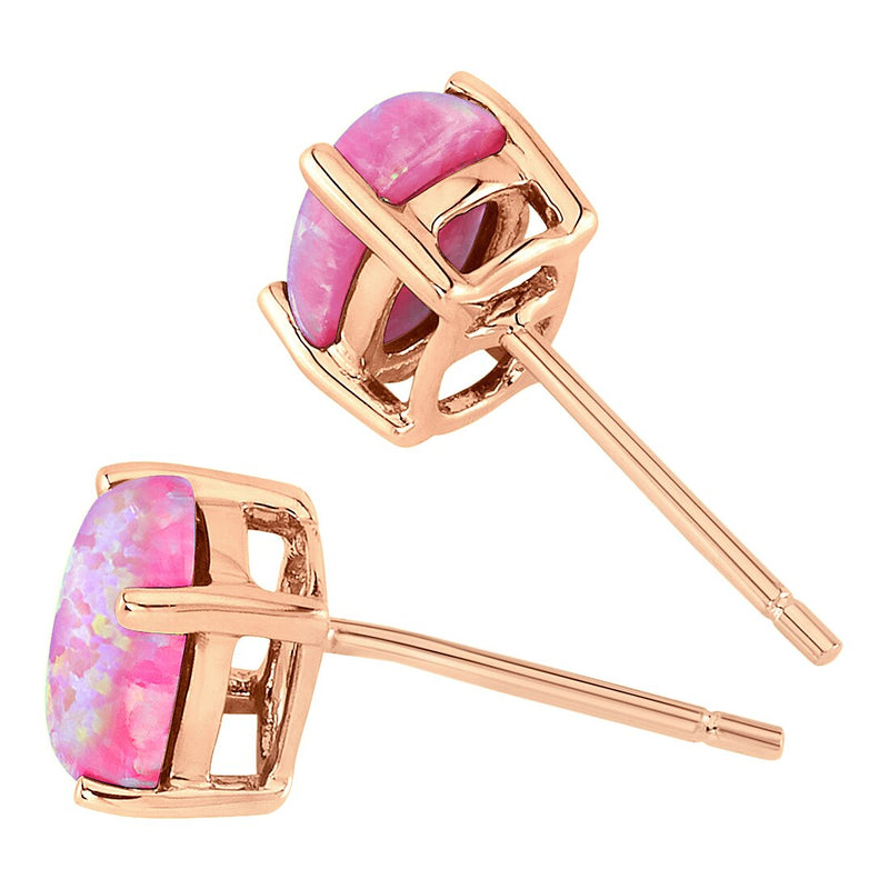 Created Pink Opal Stud Earrings in 14k Rose Gold, Oval Shape
