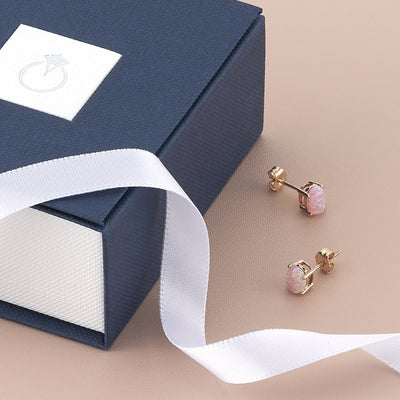 Created Pink Opal Stud Earrings In 14K Rose Gold Oval Shape E19290 complimentary gift box