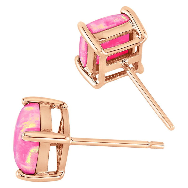Created Pink Opal Stud Earrings in 14k Rose Gold, Cushion Cut