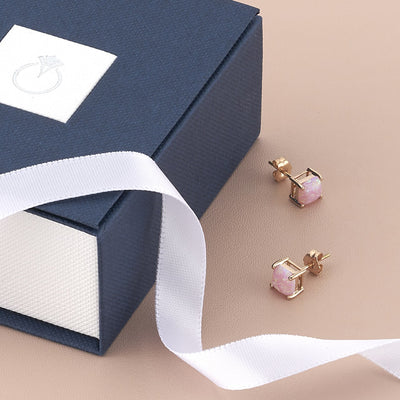 Created Pink Opal Stud Earrings In 14K Rose Gold Cushion Cut E19292 complimentary gift box