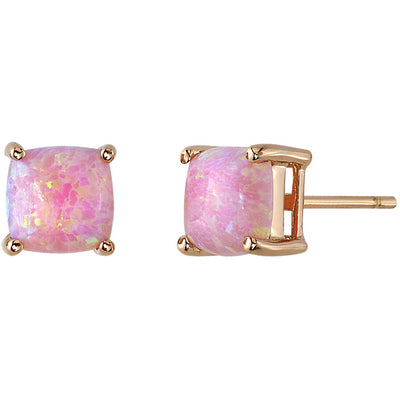Created Pink Opal Stud Earrings in 14k Rose Gold, Cushion Cut