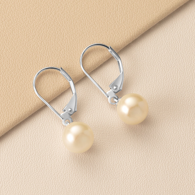 8mm Freshwater Cultured White Pearl Leverback Earrings in 14K White Gold