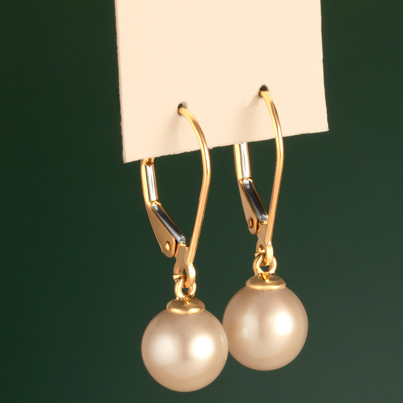 8mm Freshwater Cultured White Pearl Leverback Earrings in 14K Yellow Gold