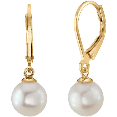 8mm Freshwater Cultured White Pearl Leverback Earrings in 14K Yellow Gold