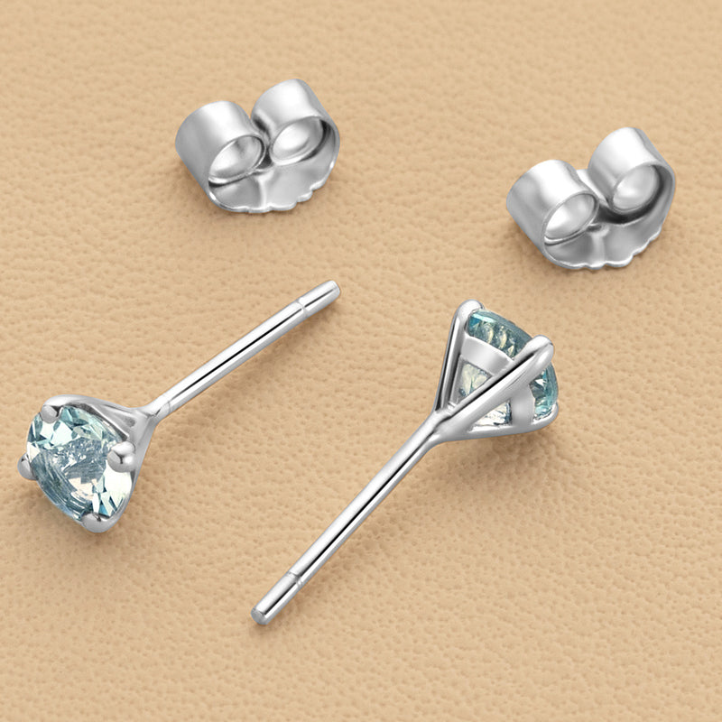 4mm Round Aquamarine Solitaire Stud Earrings in 14K White Gold