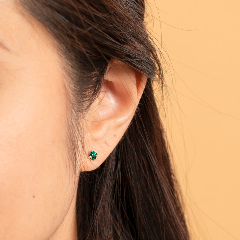 4mm Round Created Emerald Solitaire Stud Earrings in 14K White Gold