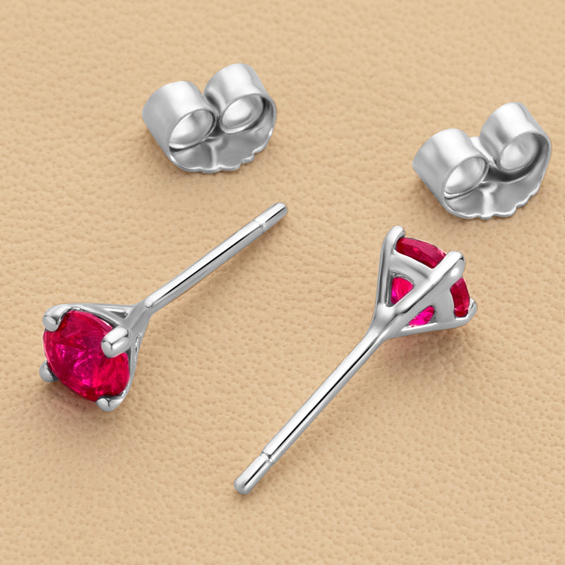 4mm Round Created Ruby Solitaire Stud Earrings in 14K White Gold
