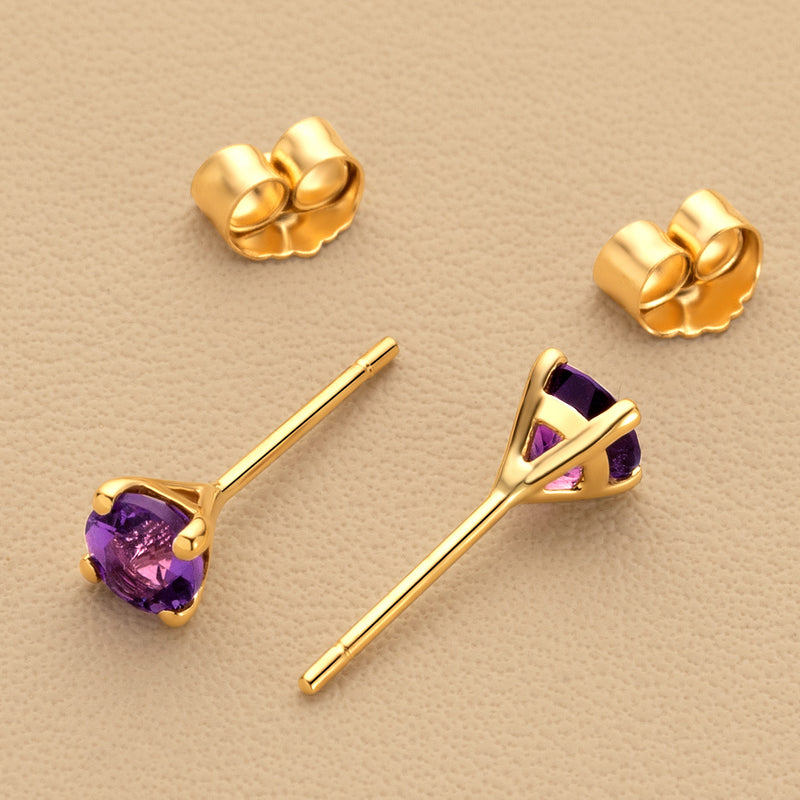 4mm Round Amethyst Solitaire Stud Earrings in 14K Yellow Gold