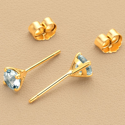 4mm Round Aquamarine Solitaire Stud Earrings in 14K Yellow Gold