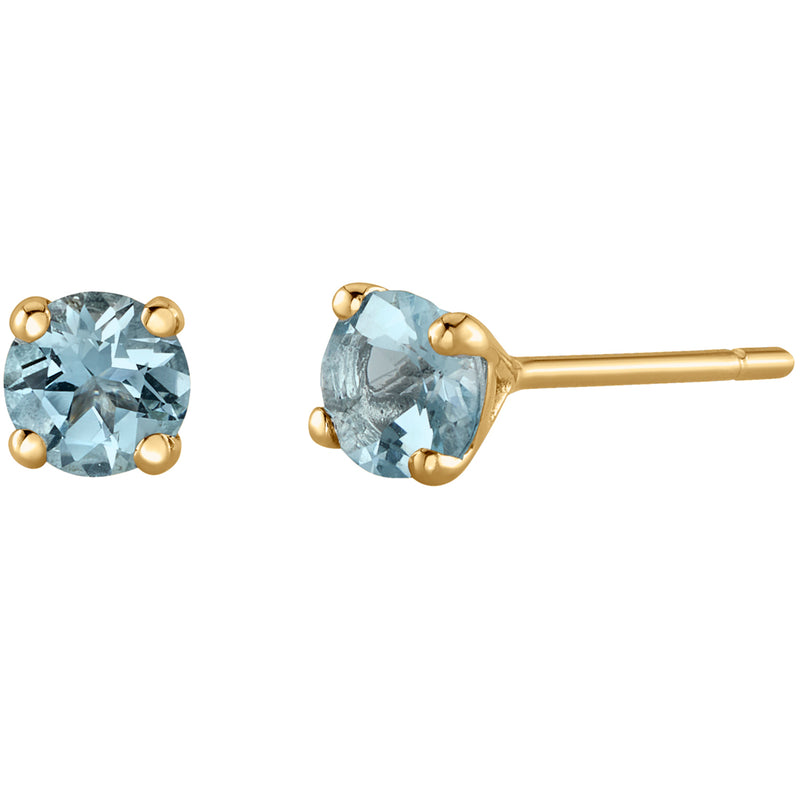 4mm Round Aquamarine Solitaire Stud Earrings in 14K Yellow Gold