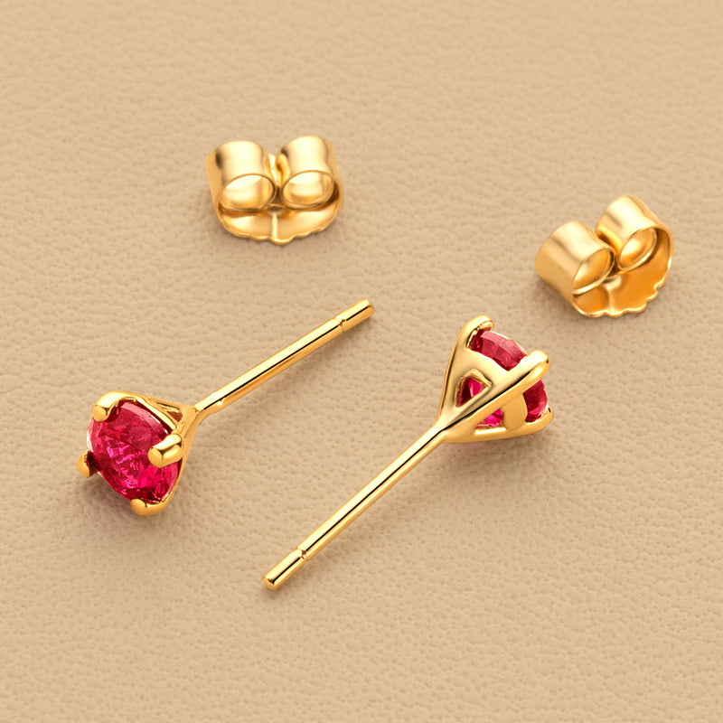 4mm Round Created Ruby Solitaire Stud Earrings in 14K Yellow Gold