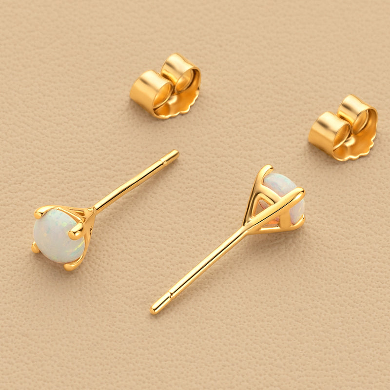 4mm Round Created White Fire Opal Solitaire Stud Earrings in 14K Yellow Gold