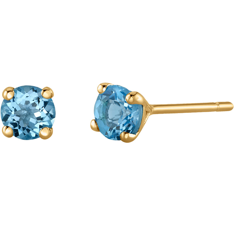 4mm Round Swiss Blue Topaz Solitaire Stud Earrings in 14K Yellow Gold