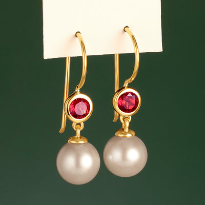8mm Freshwater Cultured White Pearl and Garnet Earrings in 14K Yellow Gold