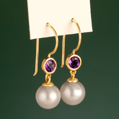 8mm Freshwater Cultured White Pearl and Amethyst Earrings in 14K Yellow Gold