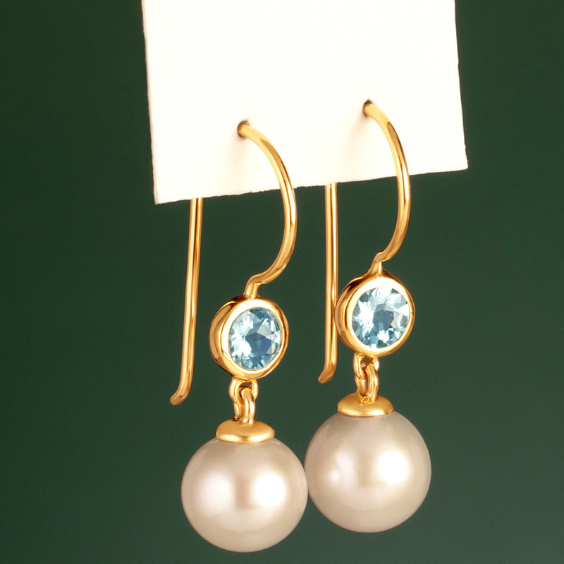 8mm Freshwater Cultured White Pearl and Aquamarine Earrings in 14K Yellow Gold