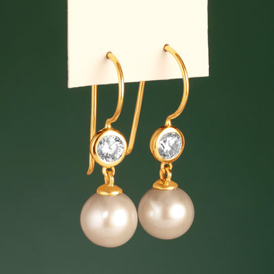 8mm Freshwater Cultured White Pearl and Cubic Zirconia Earrings in 14K Yellow Gold