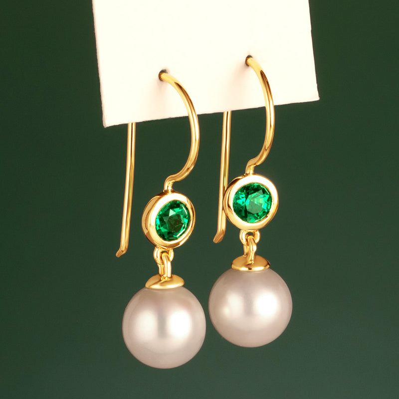 8mm Freshwater Cultured White Pearl and Created Emerald Earrings in 14K Yellow Gold