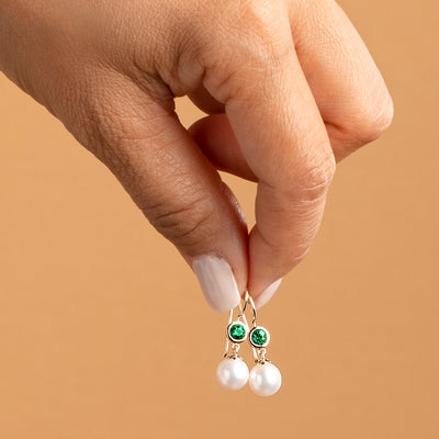 8mm Freshwater Cultured White Pearl and Created Emerald Earrings in 14K Yellow Gold