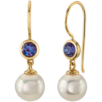 8mm Freshwater Cultured White Pearl and Created Alexandrite Earrings in 14K Yellow Gold