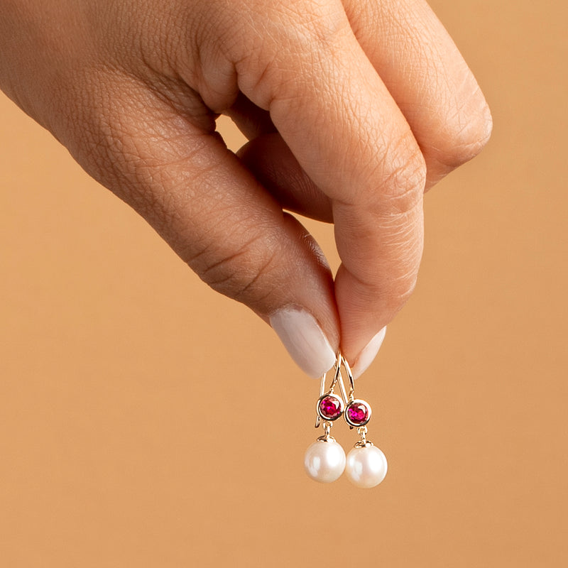 8mm Freshwater Cultured White Pearl and Created Ruby Earrings in 14K Yellow Gold