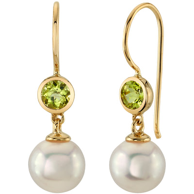 8mm Freshwater Cultured White Pearl and Peridot Earrings in 14K Yellow Gold