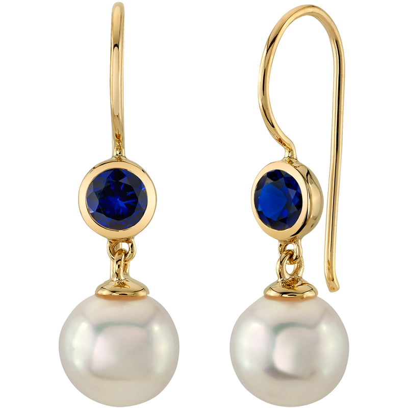 8mm Freshwater Cultured White Pearl and Created Blue Sapphire Earrings in 14K Yellow Gold