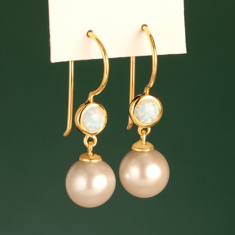 8mm Freshwater Cultured White Pearl and Created White Fire Opal Earrings in 14K Yellow Gold