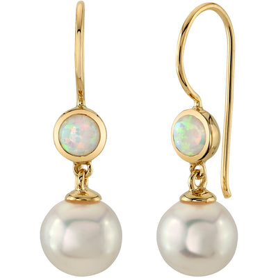 8mm Freshwater Cultured White Pearl and Created White Fire Opal Earrings in 14K Yellow Gold
