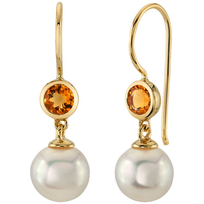 8mm Freshwater Cultured White Pearl and Citrine Earrings in 14K Yellow Gold