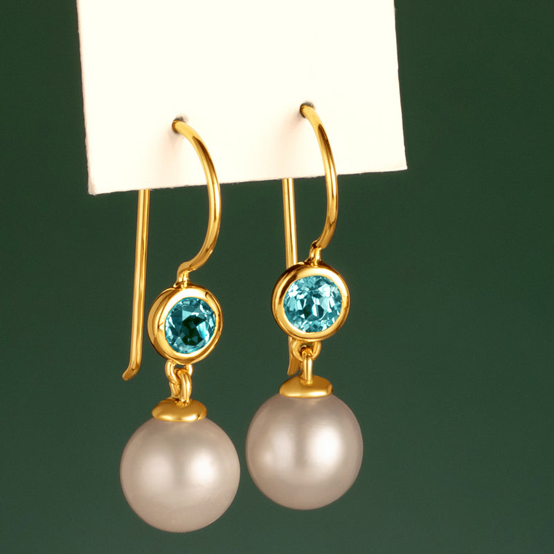 8mm Freshwater Cultured White Pearl and Swiss Blue Topaz Earrings in 14K Yellow Gold
