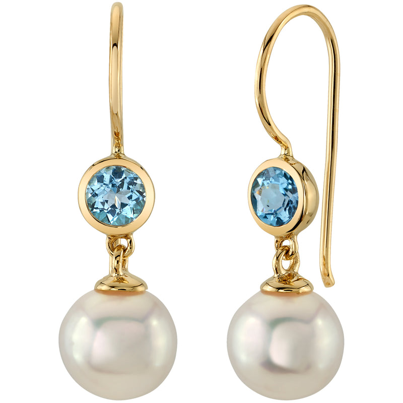 8mm Freshwater Cultured White Pearl and Swiss Blue Topaz Earrings in 14K Yellow Gold
