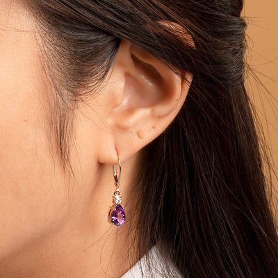 Natural Amethyst and Diamond Teardrop Leverback Earrings in 14k Yellow Gold