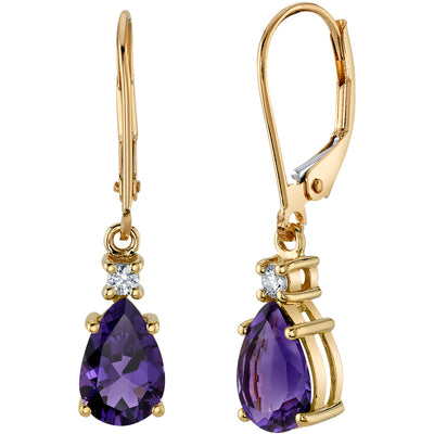 Natural Amethyst and Diamond Teardrop Leverback Earrings in 14k Yellow Gold