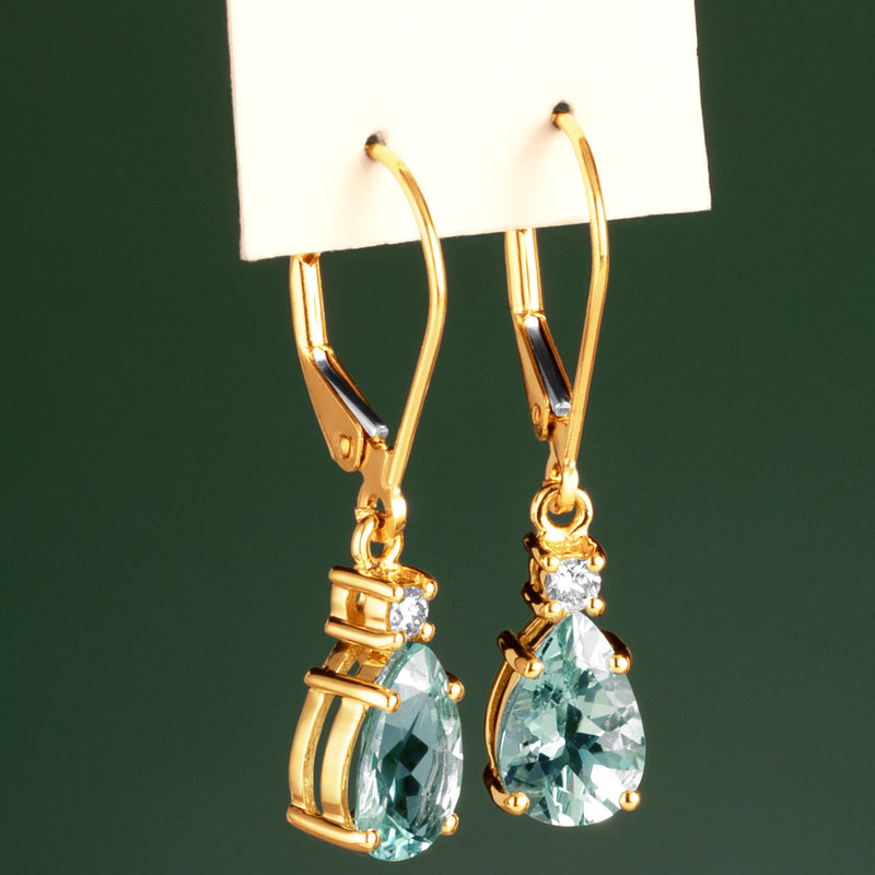 Natural Aquamarine and Diamond Teardrop Leverback Earrings in 14k Yellow Gold