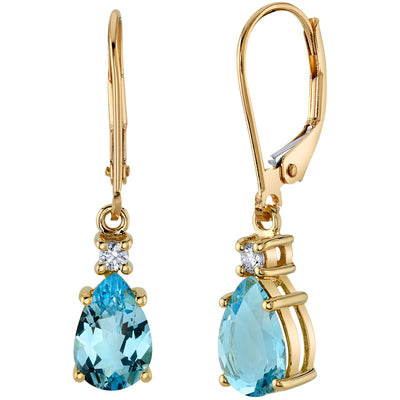Natural Aquamarine and Diamond Teardrop Leverback Earrings in 14k Yellow Gold